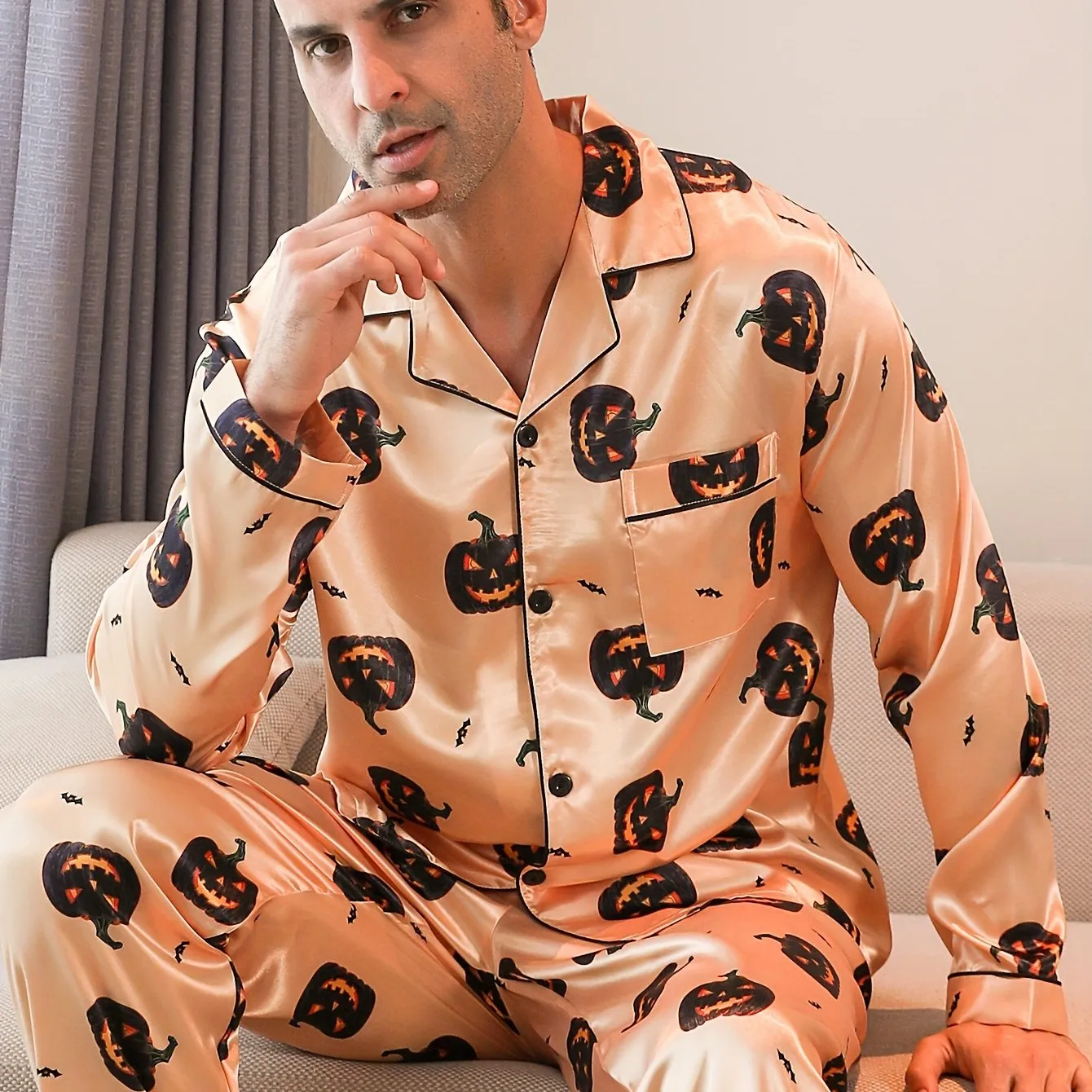 2 Pcs Men's Cute Pumpkin Print Lapel Long Sleeve & Trousers Pajama Set, Comfortable & Skin-friendly Style Pajamas For Men's Cozy Loungewear