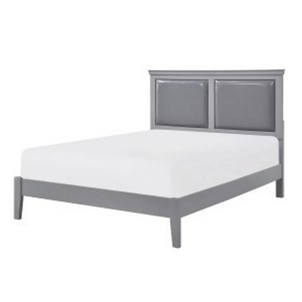 Brite Queen Size Bed, Gray Faux Leather Upholstered Headboard, Low Profile By Casagear Home
