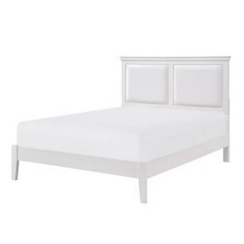 Brite Queen Size Bed, White Faux Leather Upholstered Headboard, Low Profile By Casagear Home