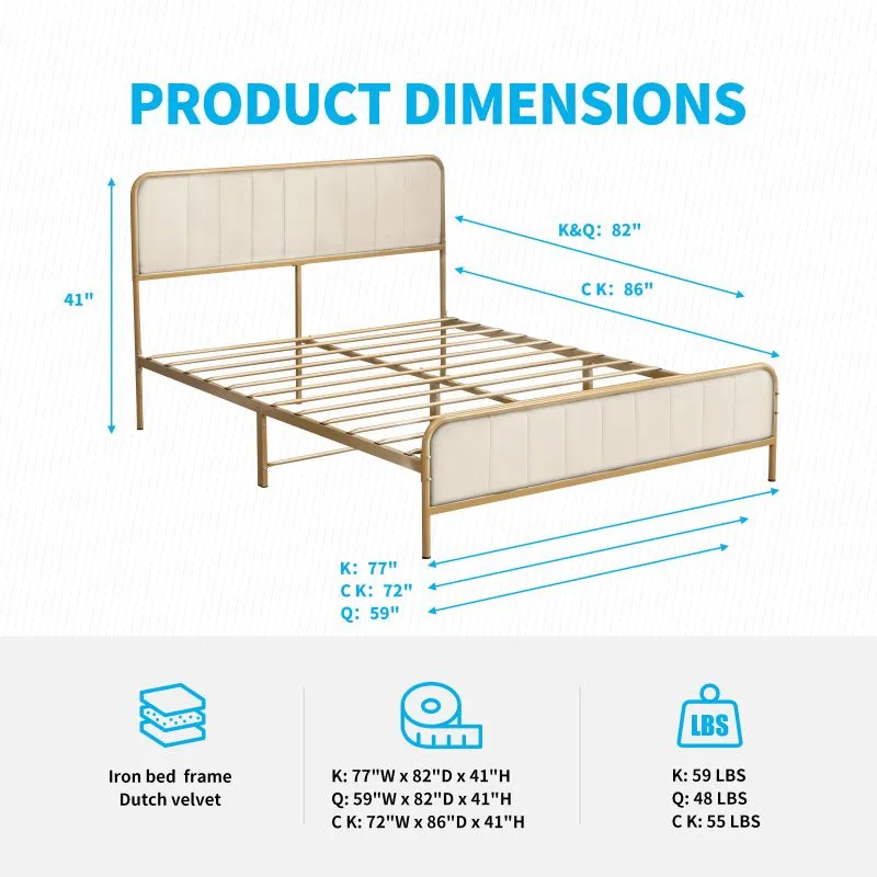 Cecer Metal Platform Bed Frame with Dutch Velvet Headboard