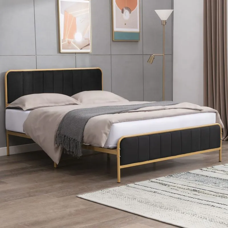 Cecer Metal Platform Bed Frame with Dutch Velvet Headboard
