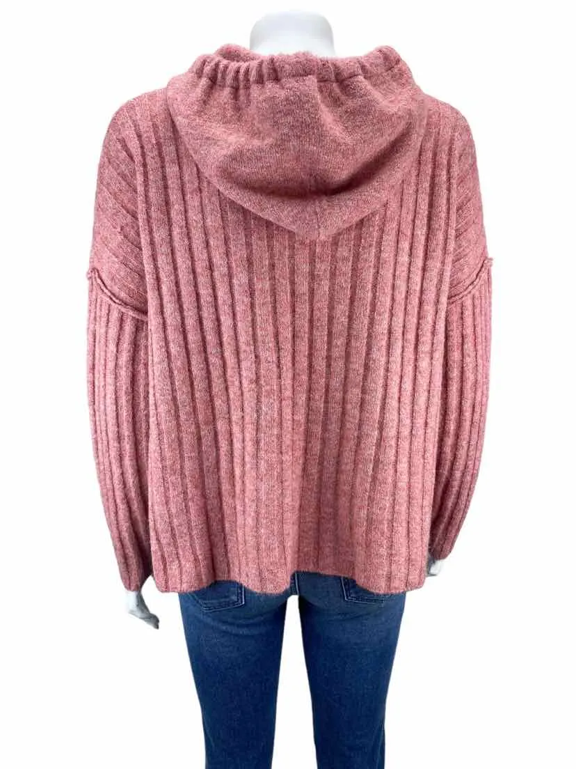 Central Park West Women's Ribbed Hooded Sweater Pink Heather Size M