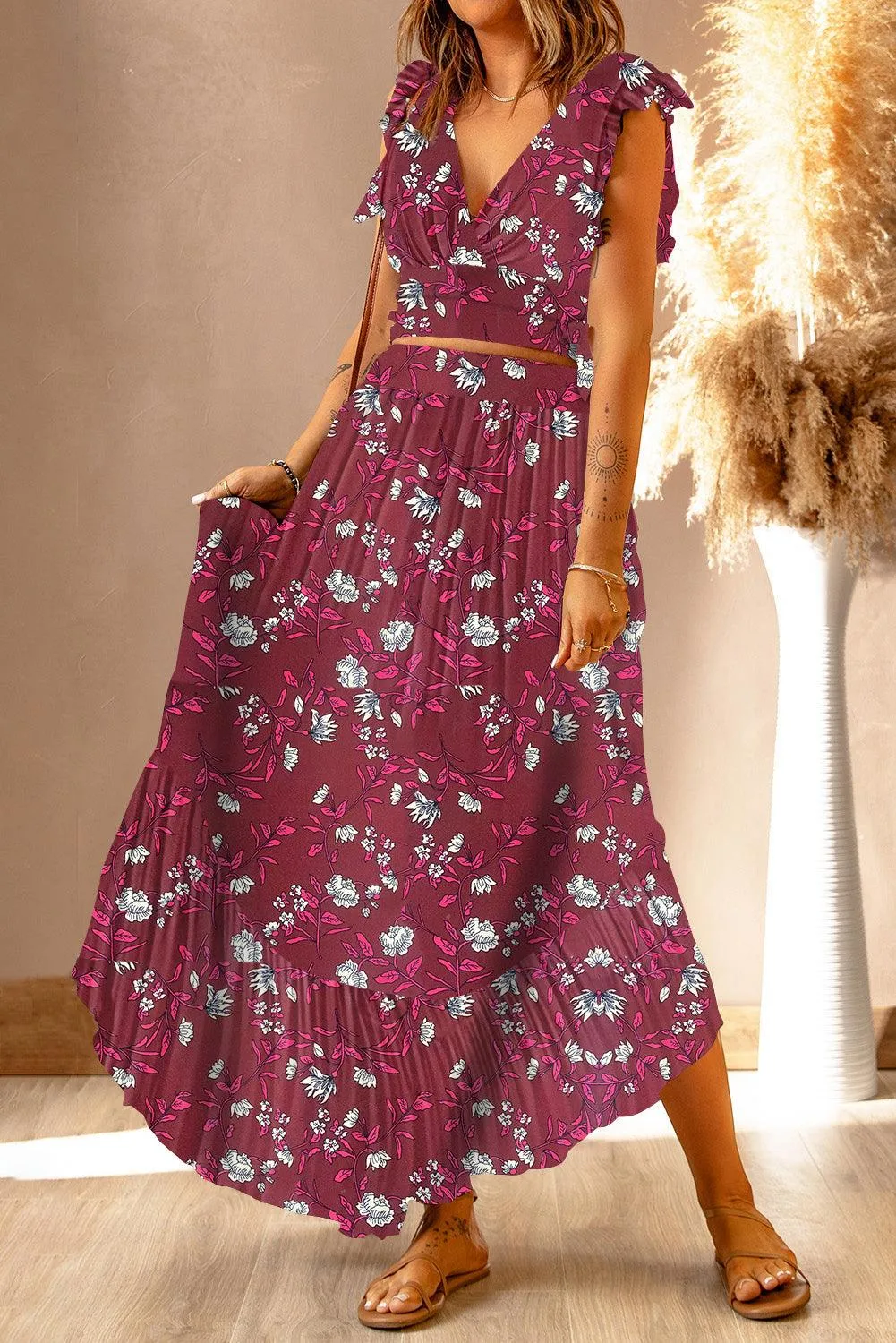 Chic Floral Frill Maxi Ensemble