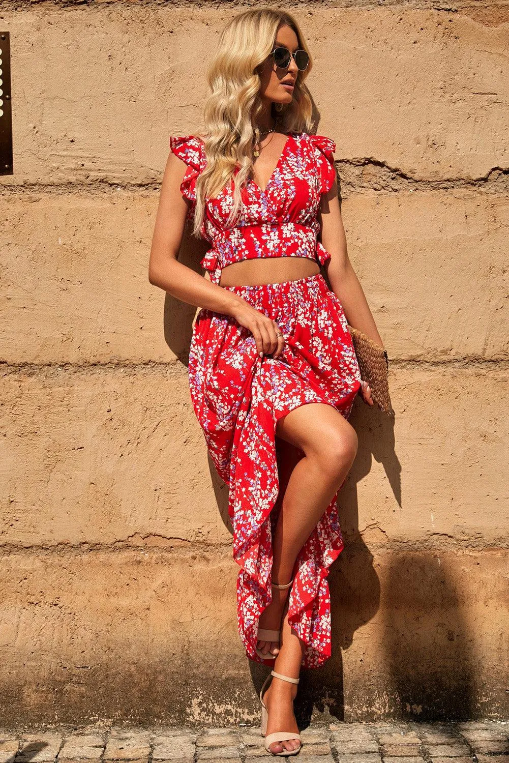 Chic Floral Frill Maxi Ensemble