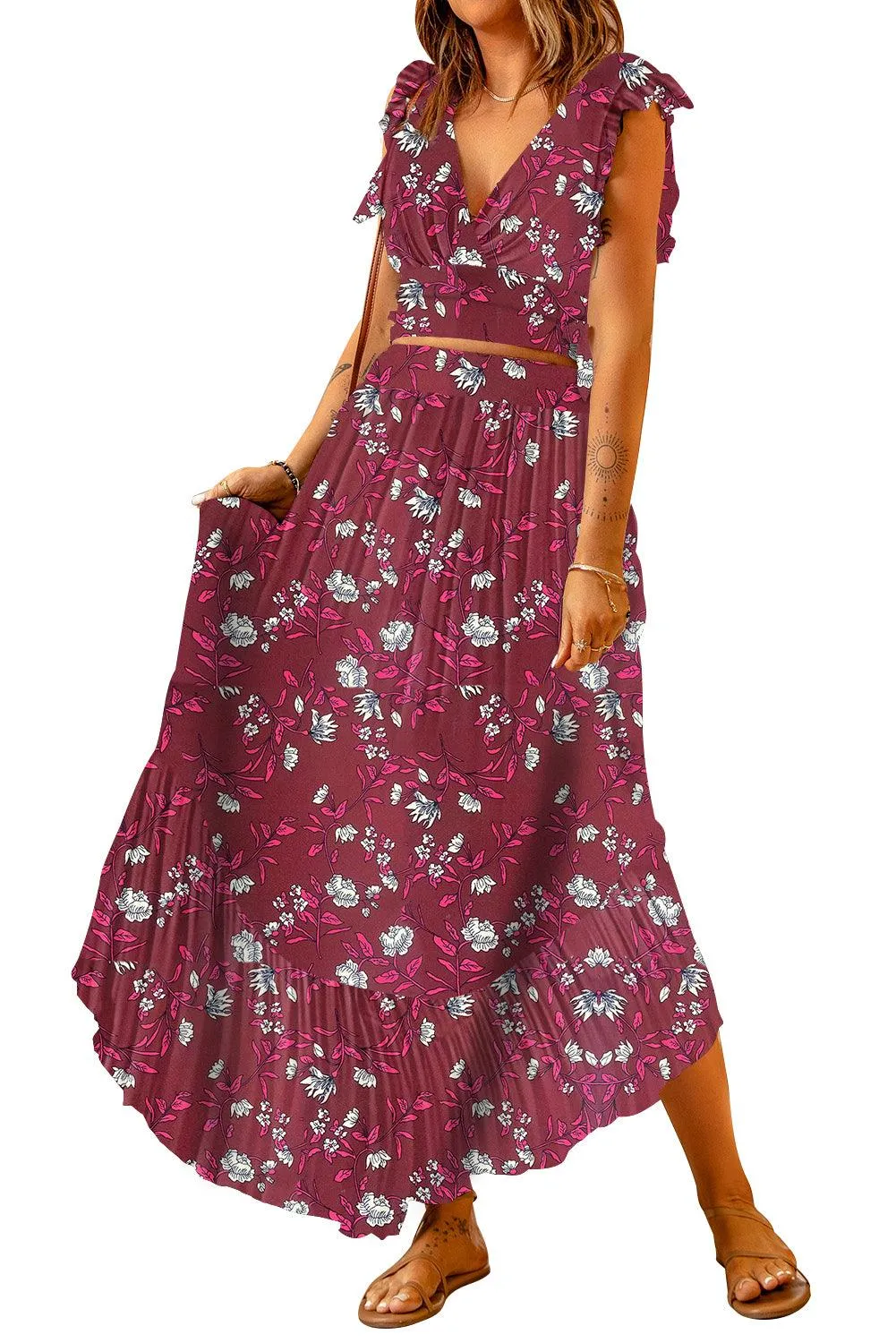 Chic Floral Frill Maxi Ensemble