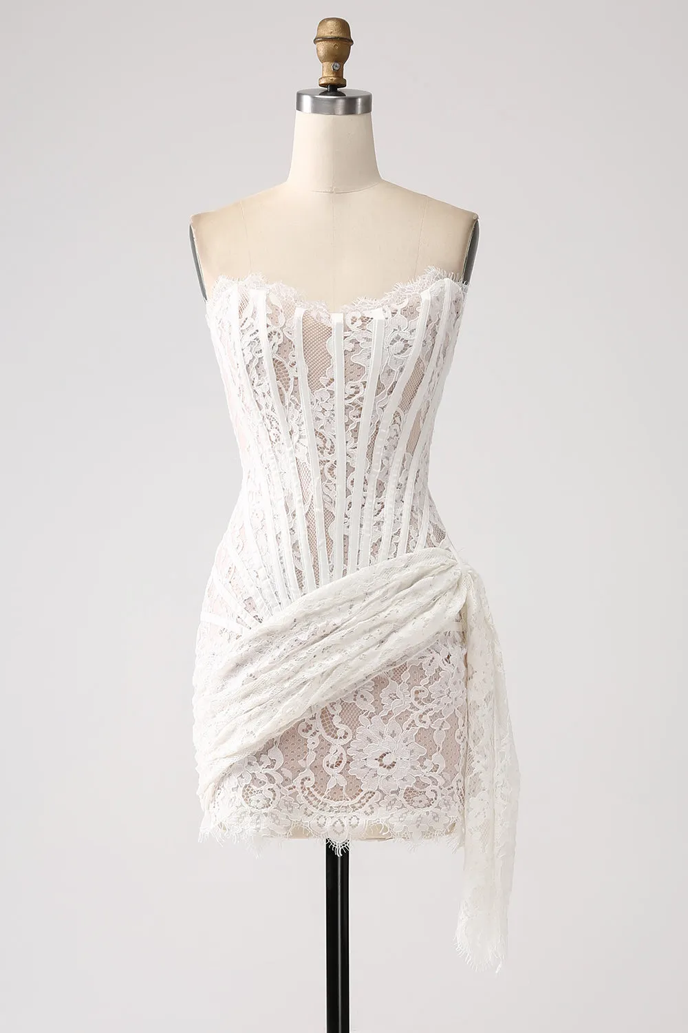 Classy Lace White Mini Dress with Lace-up Back