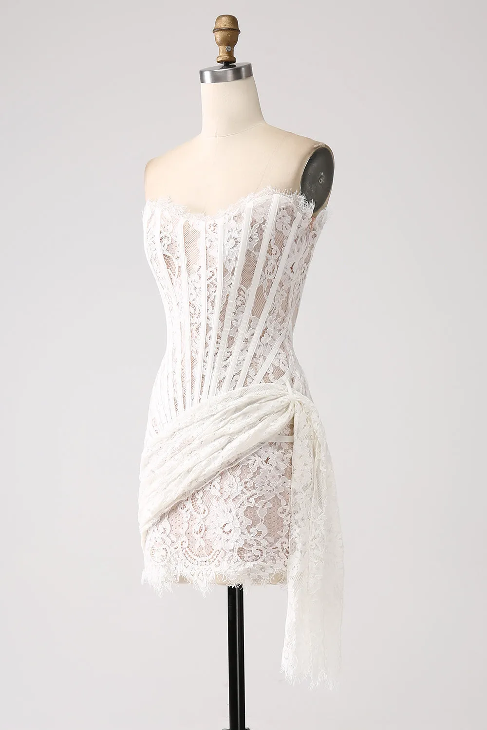Classy Lace White Mini Dress with Lace-up Back