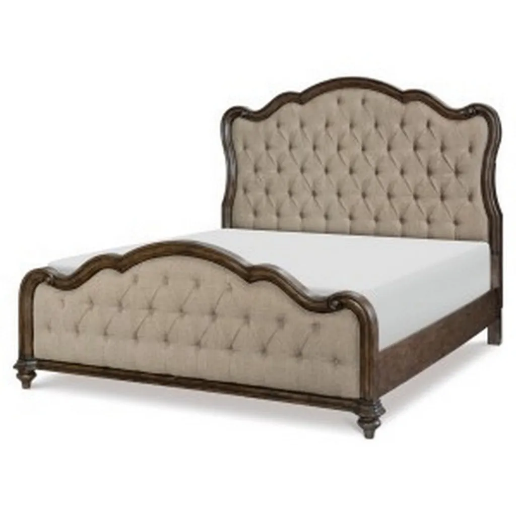 Deborah Queen Bed, Button Tufted Beige Fabric Upholstery, Brown Wood By Casagear Home