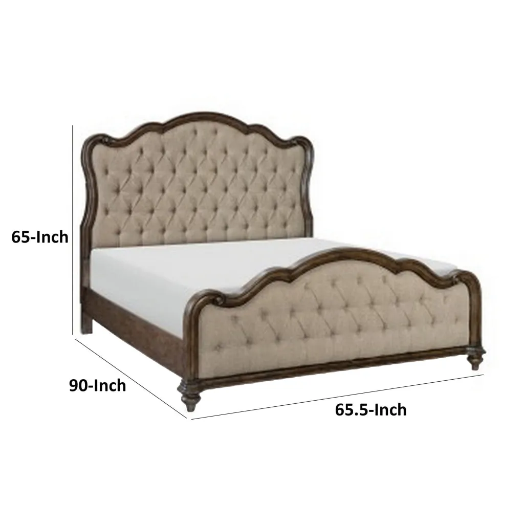 Deborah Queen Bed, Button Tufted Beige Fabric Upholstery, Brown Wood By Casagear Home
