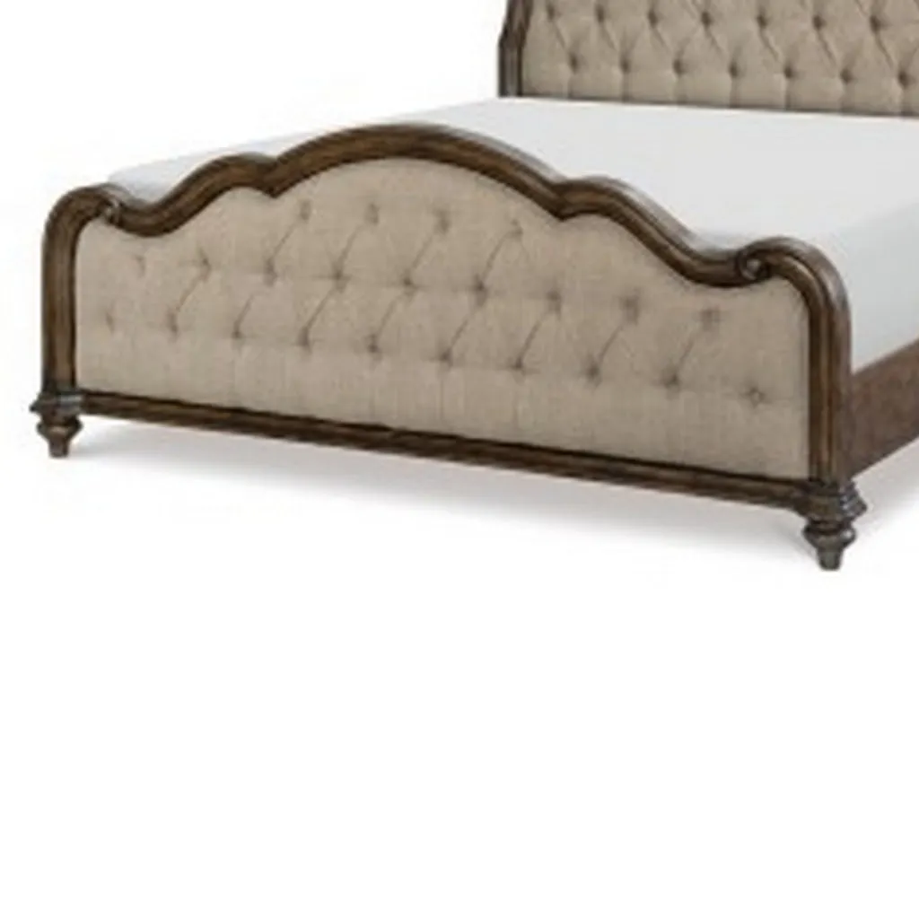 Deborah Queen Bed, Button Tufted Beige Fabric Upholstery, Brown Wood By Casagear Home
