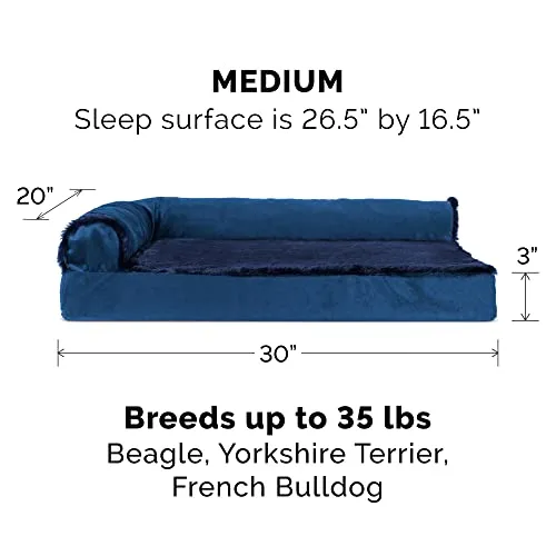 Furhaven Orthopedic Dog Bed for Medium/Small Dogs w/ Removable Bolsters & Washable Cover, For Dogs Up to 35 lbs - Plush & Velvet L Shaped Chaise - Deep Sapphire, Medium