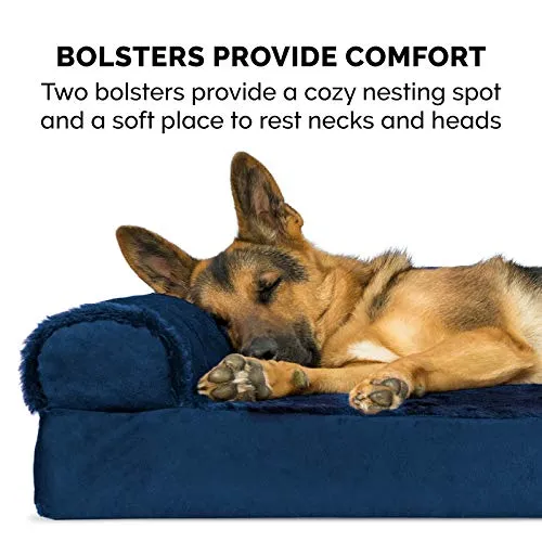 Furhaven Orthopedic Dog Bed for Medium/Small Dogs w/ Removable Bolsters & Washable Cover, For Dogs Up to 35 lbs - Plush & Velvet L Shaped Chaise - Deep Sapphire, Medium