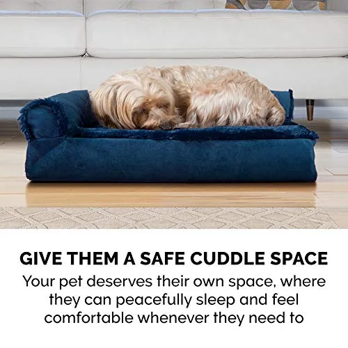 Furhaven Orthopedic Dog Bed for Medium/Small Dogs w/ Removable Bolsters & Washable Cover, For Dogs Up to 35 lbs - Plush & Velvet L Shaped Chaise - Deep Sapphire, Medium