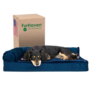 Furhaven Orthopedic Dog Bed for Medium/Small Dogs w/ Removable Bolsters & Washable Cover, For Dogs Up to 35 lbs - Plush & Velvet L Shaped Chaise - Deep Sapphire, Medium