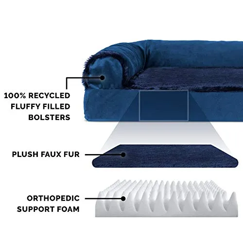 Furhaven Orthopedic Dog Bed for Medium/Small Dogs w/ Removable Bolsters & Washable Cover, For Dogs Up to 35 lbs - Plush & Velvet L Shaped Chaise - Deep Sapphire, Medium