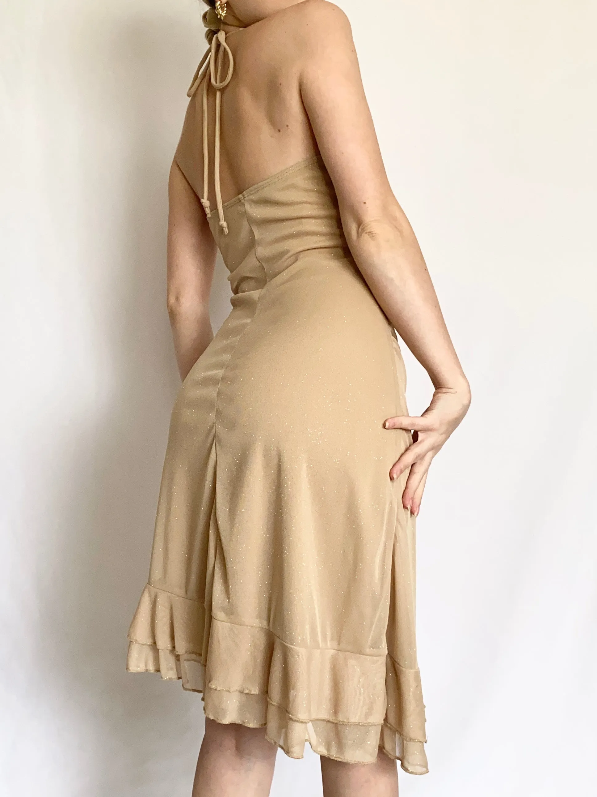 Gold Shimmer Y2K Halter Dress (S-M)