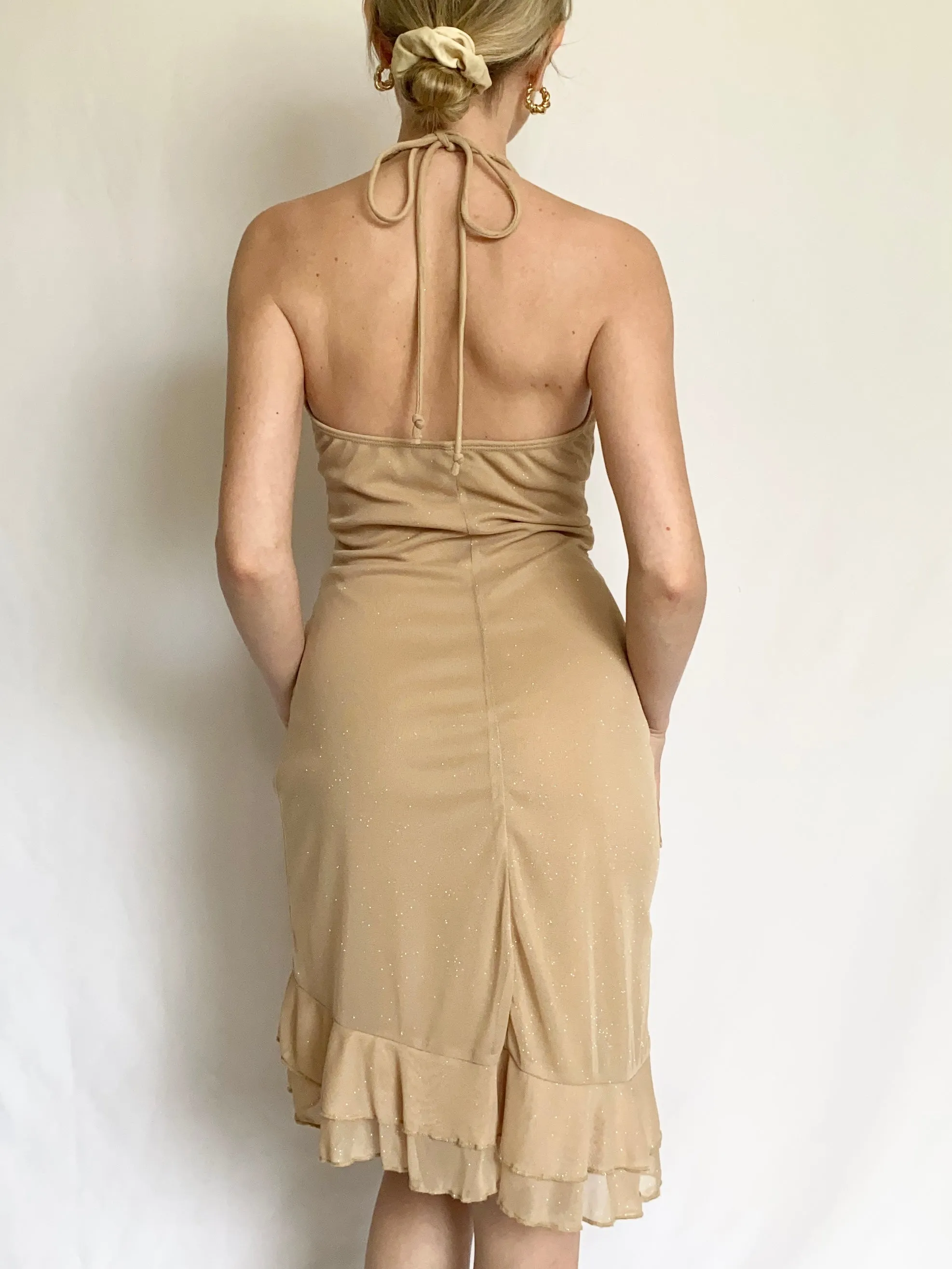 Gold Shimmer Y2K Halter Dress (S-M)