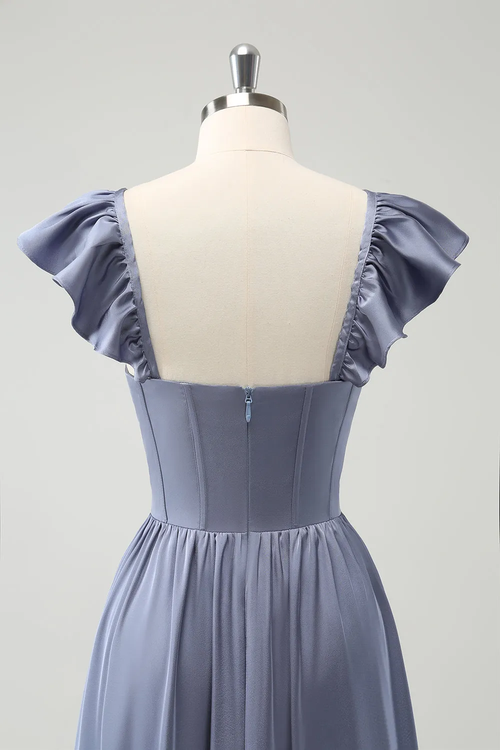 Grey Blue A Line Backless Corset Chiffon Maxi Dress
