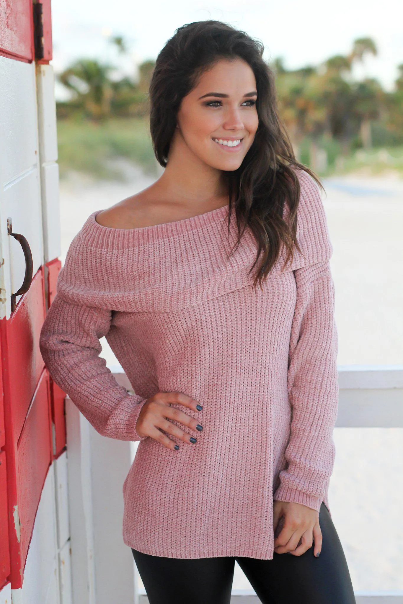 Mauve Off Shoulder Knit Sweater