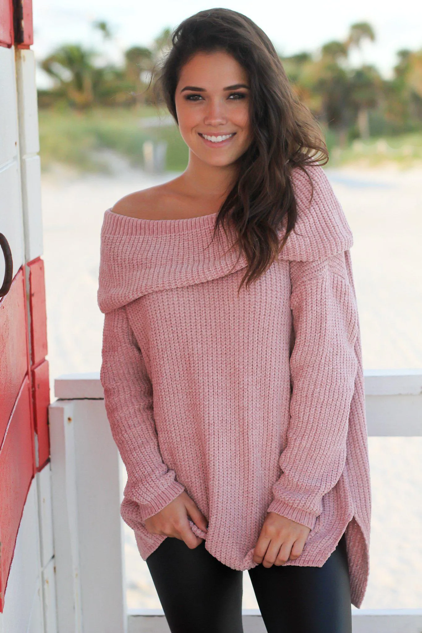 Mauve Off Shoulder Knit Sweater