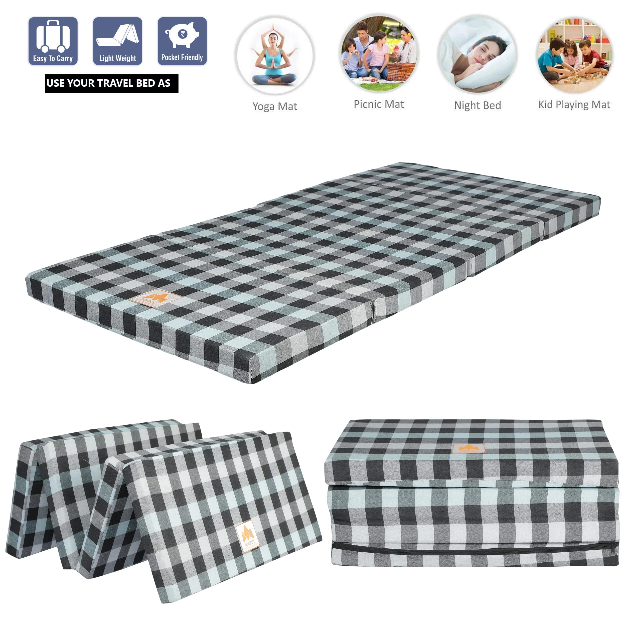 MOROFEEL 2 Inch Dual Comfort Reversible Foldable UHD Foam Single Bed Mattress (4 Fold, Blue Multicolor)