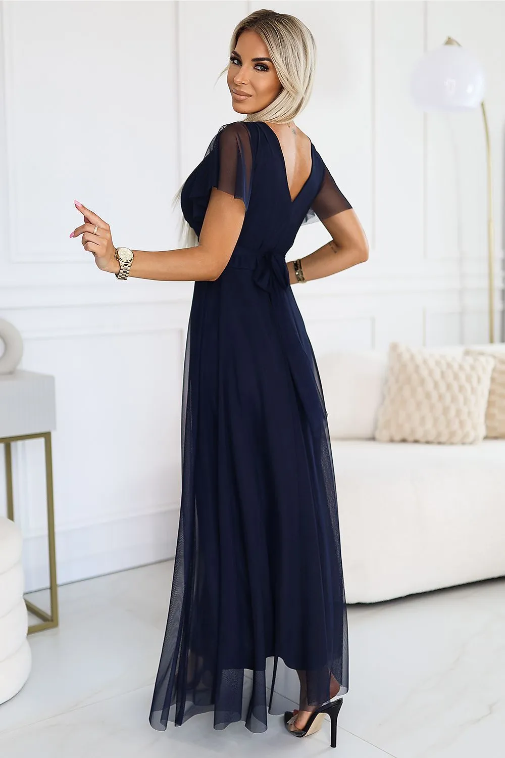 NASTIA Women Long dress with Neckline Short Sleeves -Navy Blue
