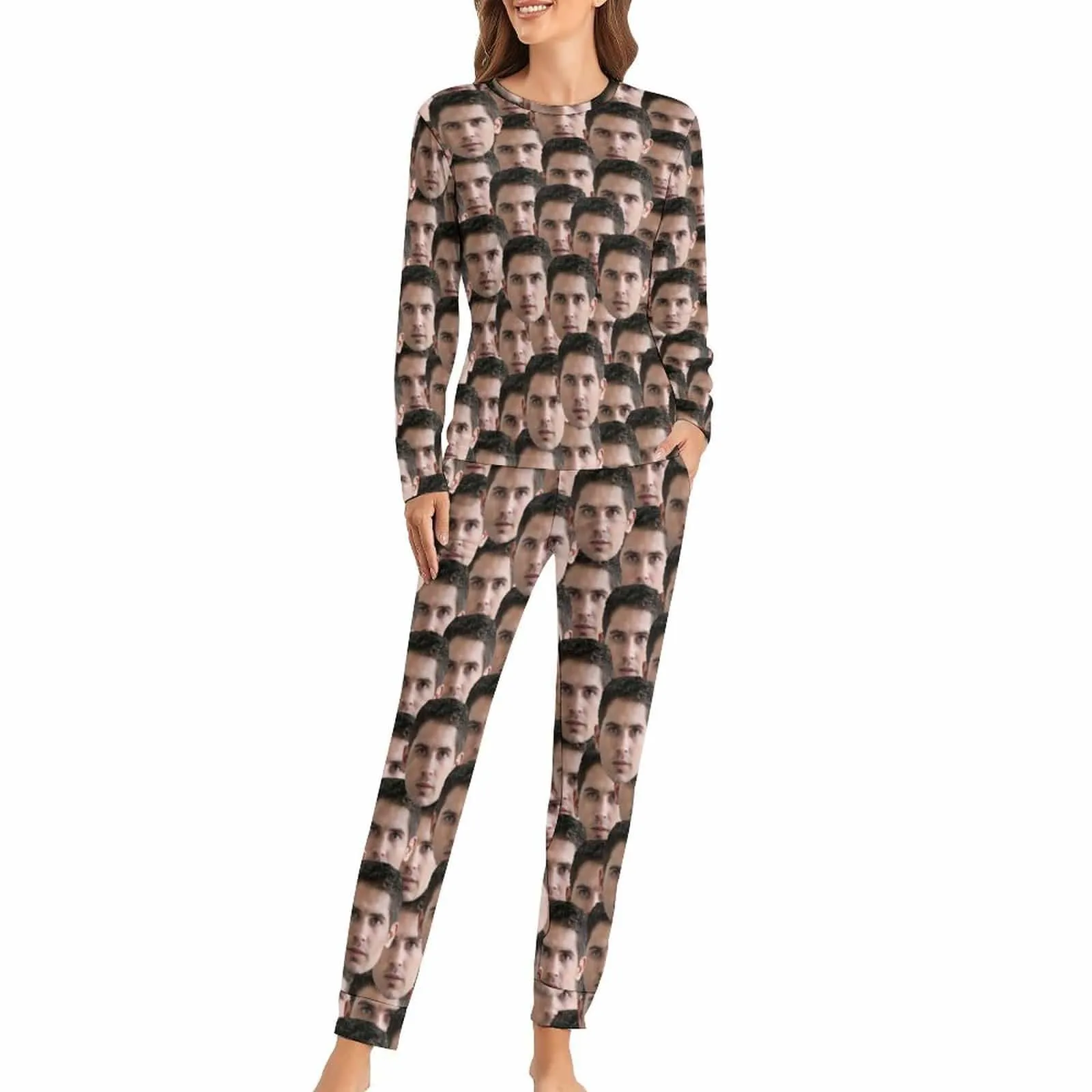 Personalized Photo Pajamas for Men Custom Face Lover's Head Crewneck Long Pajama Set Gifts for Couples
