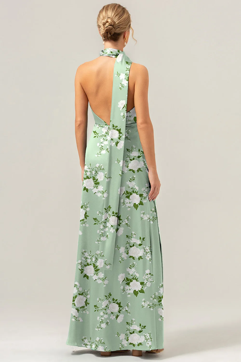 Sage White Flower Halter Backless Slit Sheath Bridesmaid Dress with Neck Ribbon