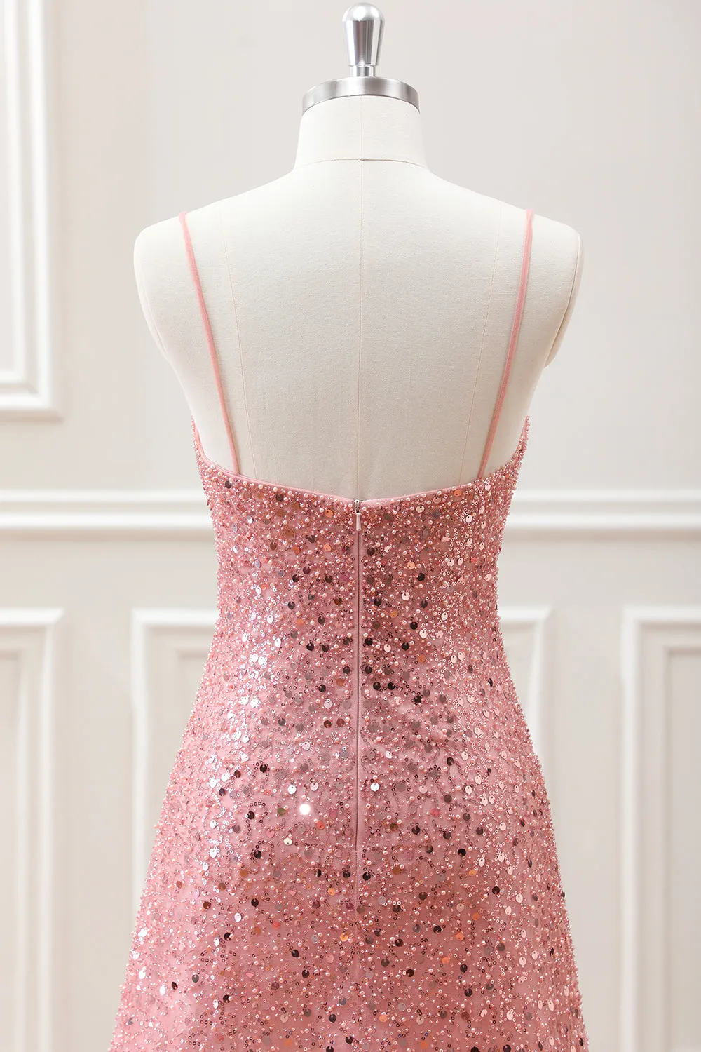 Sparkly A Line Blush Sequins Beaded Mini Dress