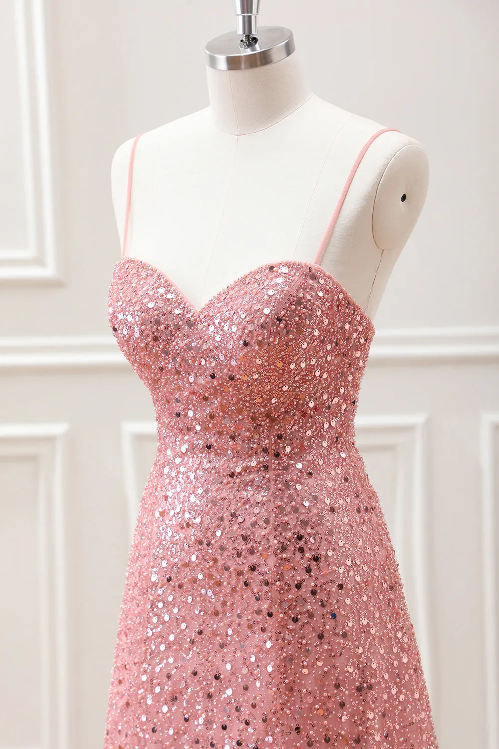 Sparkly A Line Blush Sequins Beaded Mini Dress