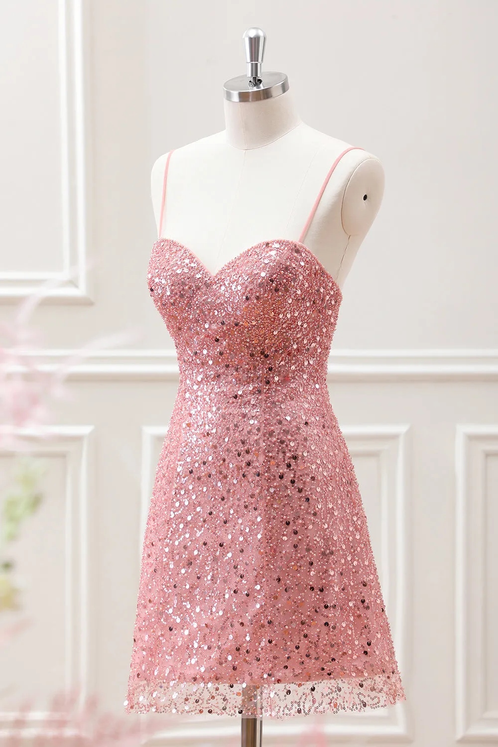 Sparkly A Line Blush Sequins Beaded Mini Dress