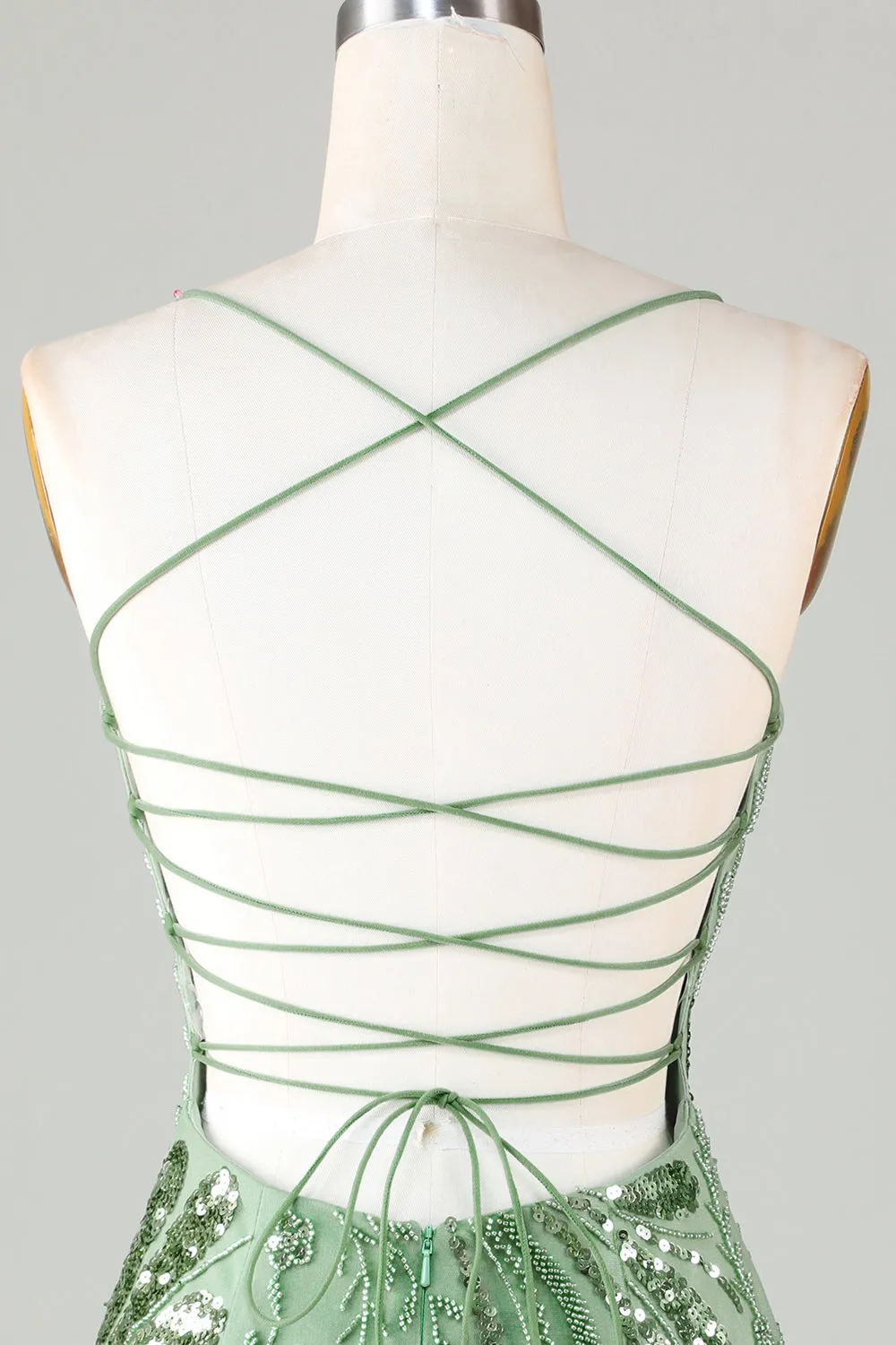 Sparkly Sheath Spaghetti Straps Green Mini Dress with Criss Cross Back