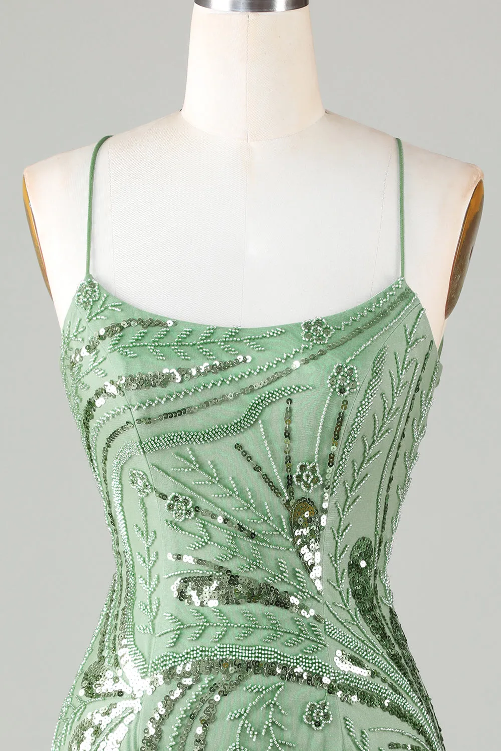 Sparkly Sheath Spaghetti Straps Green Mini Dress with Criss Cross Back