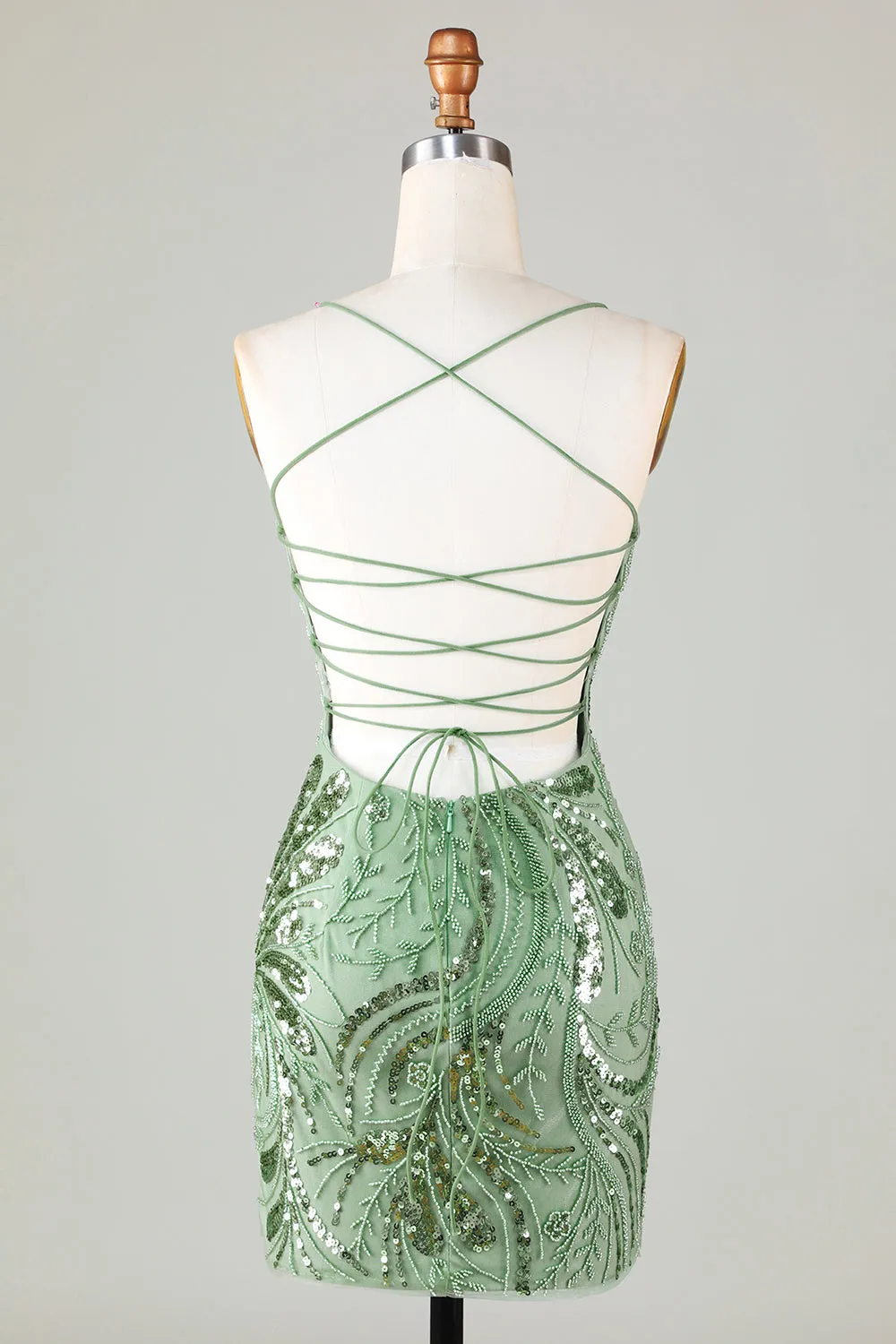 Sparkly Sheath Spaghetti Straps Green Mini Dress with Criss Cross Back