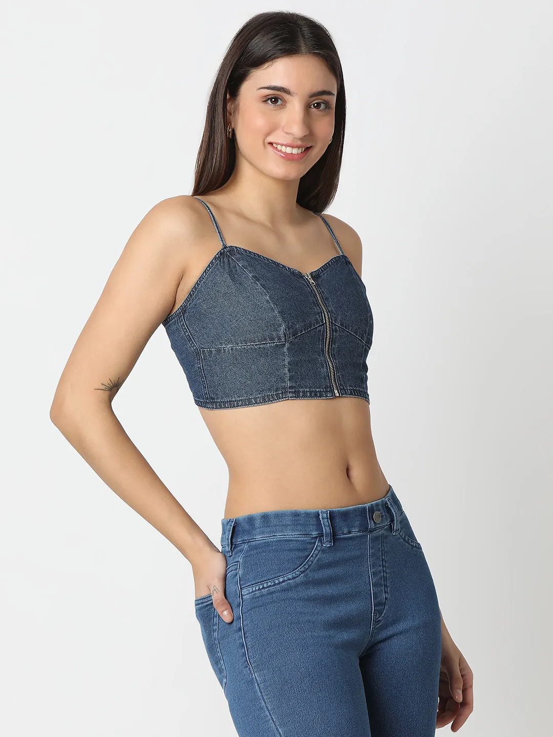 TARAMA Denim Front-Zip Crop Top with Smocked Back