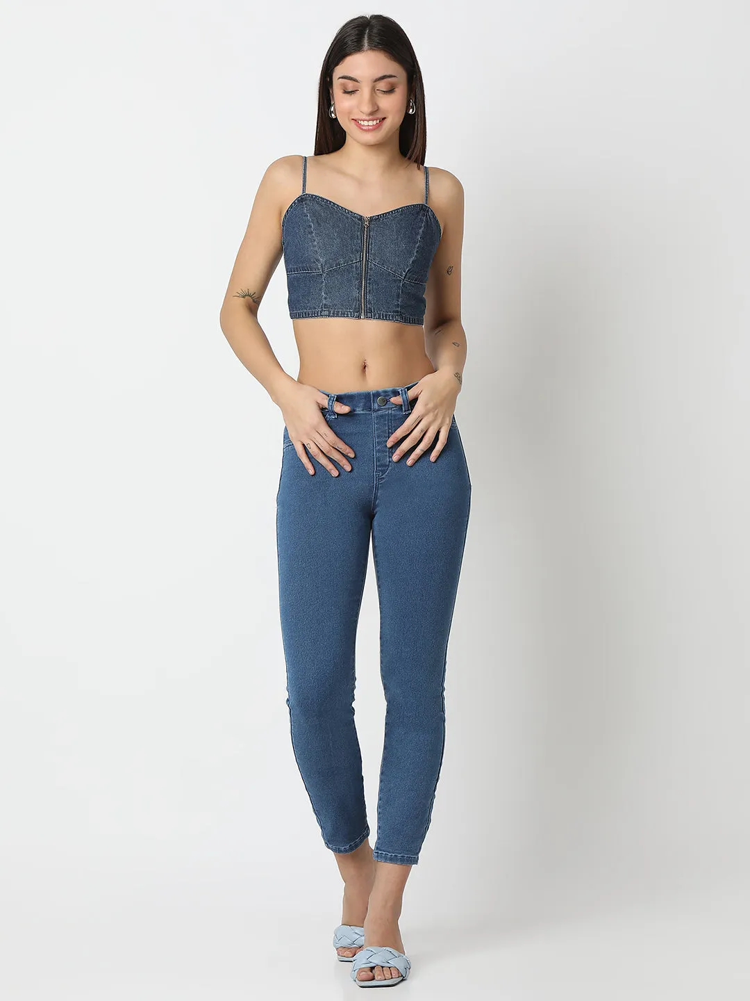 TARAMA Denim Front-Zip Crop Top with Smocked Back