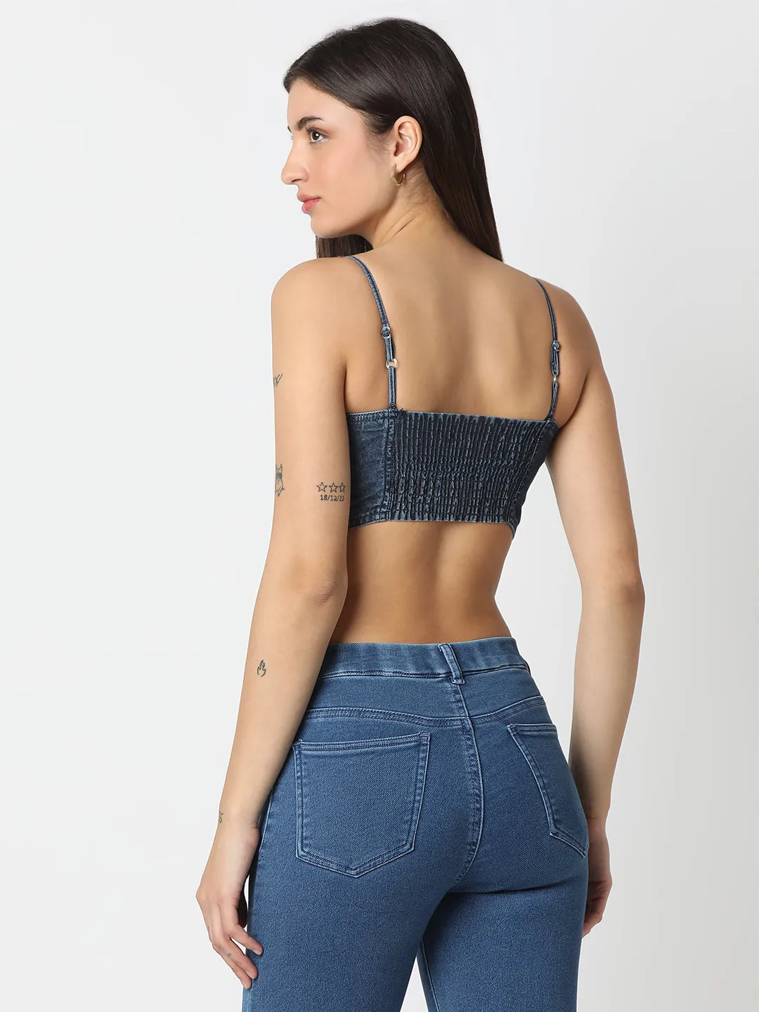TARAMA Denim Front-Zip Crop Top with Smocked Back