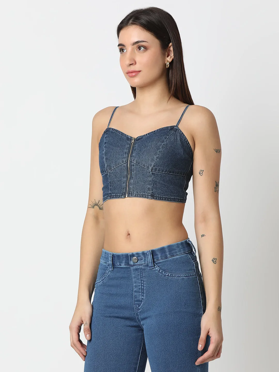 TARAMA Denim Front-Zip Crop Top with Smocked Back