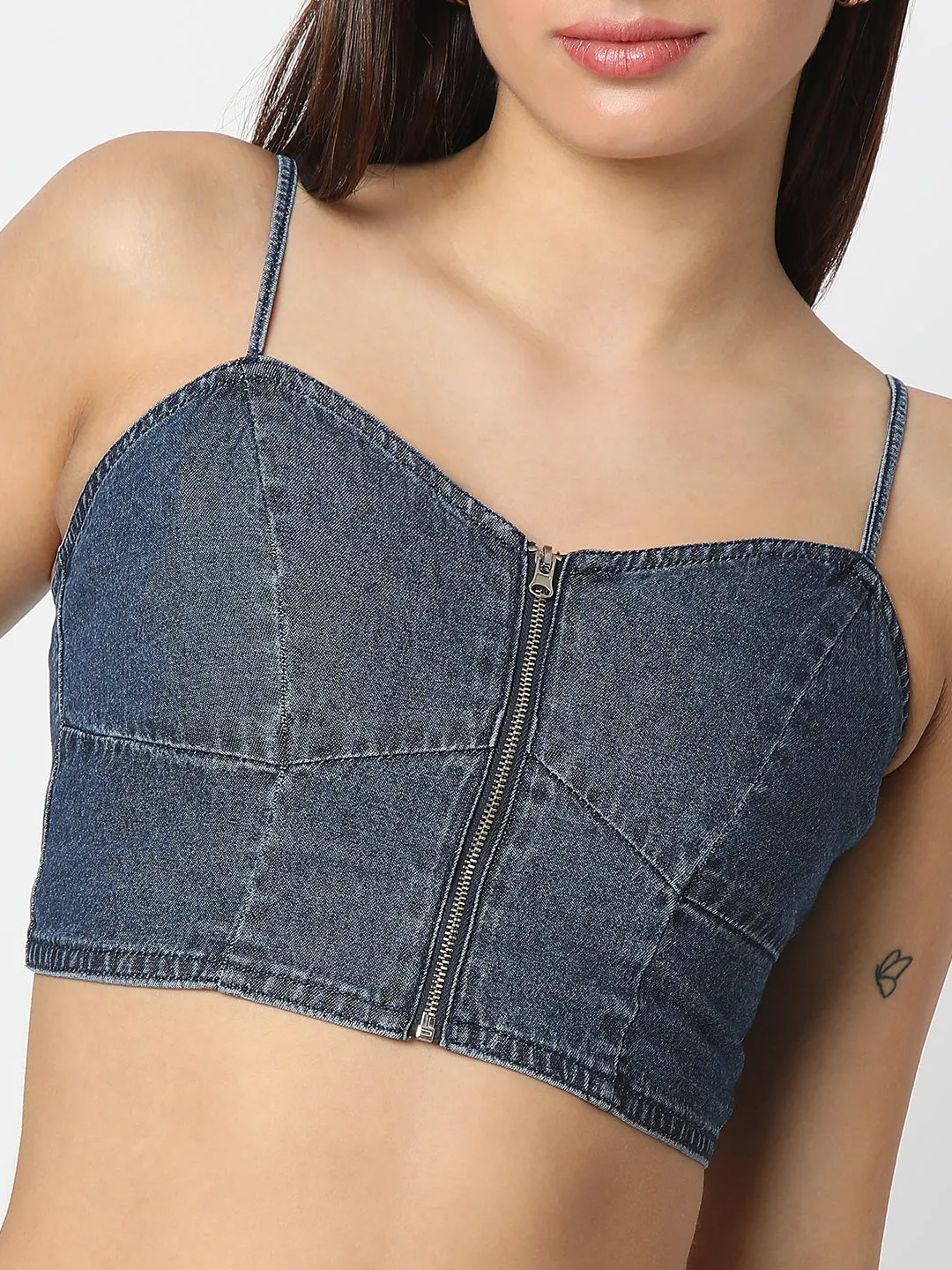 TARAMA Denim Front-Zip Crop Top with Smocked Back
