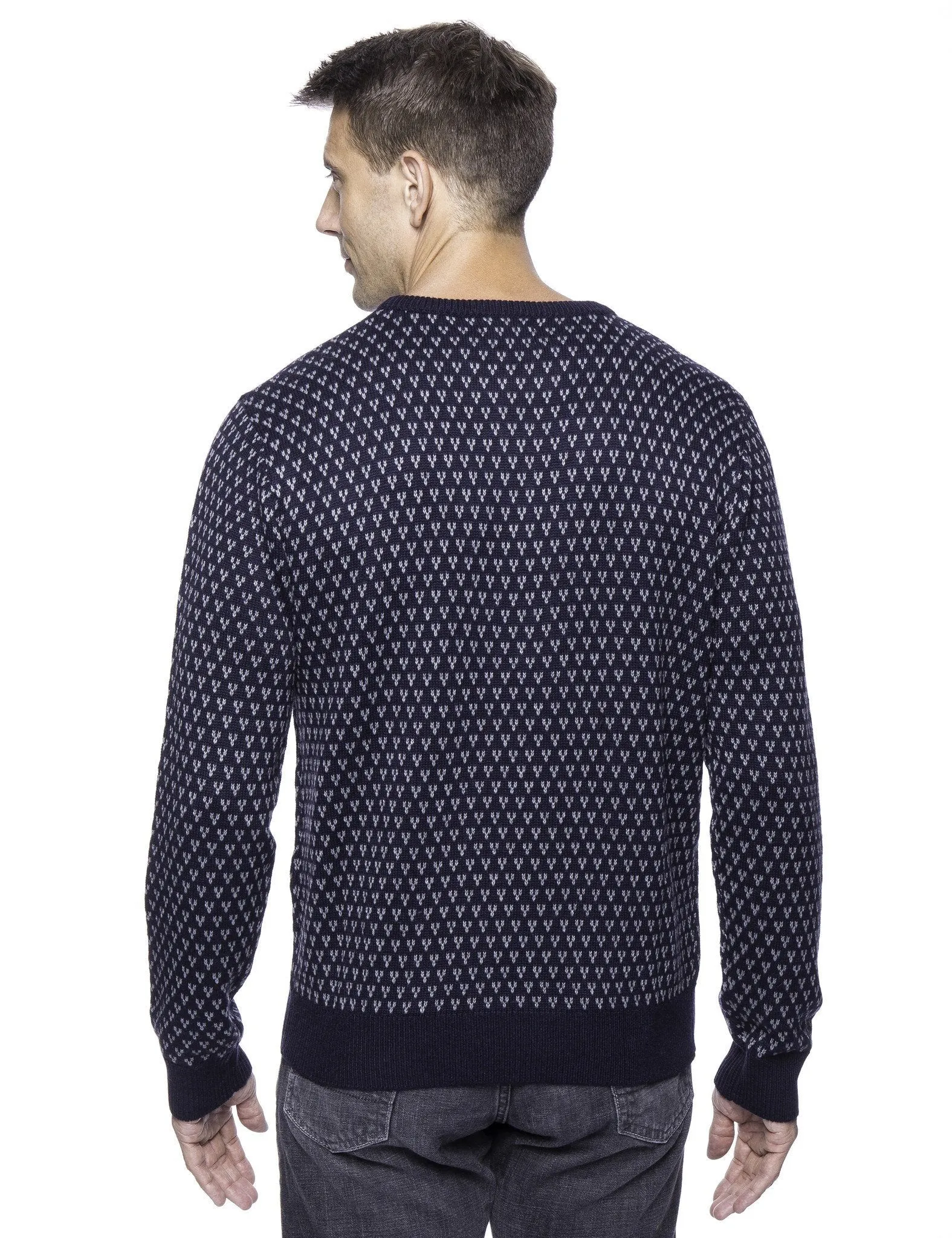 Tocco Reale Men's Wool Blend Crew Neck Pullover Sweater with Jacquard Effect - Navy/Heather Grey