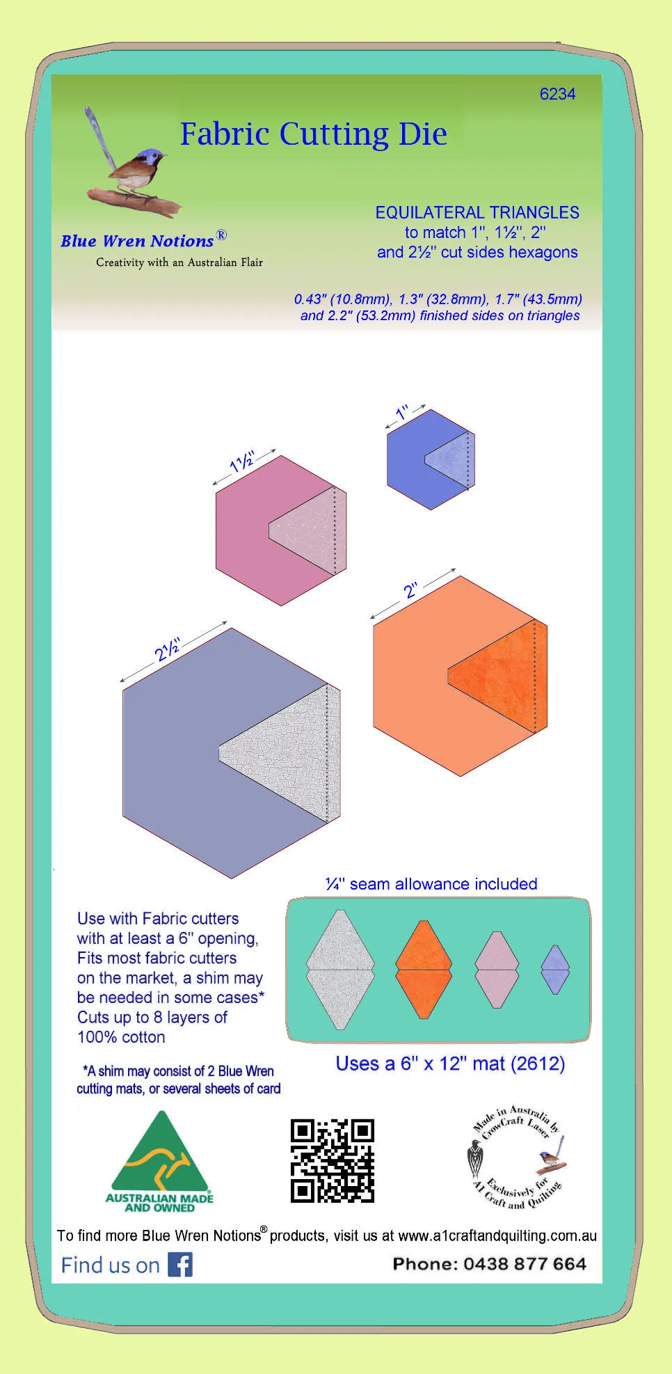 Triangles, Equilateral  (6234) to match 1",1½",2" and 2½ cut side Hexagons - includes cutting mat