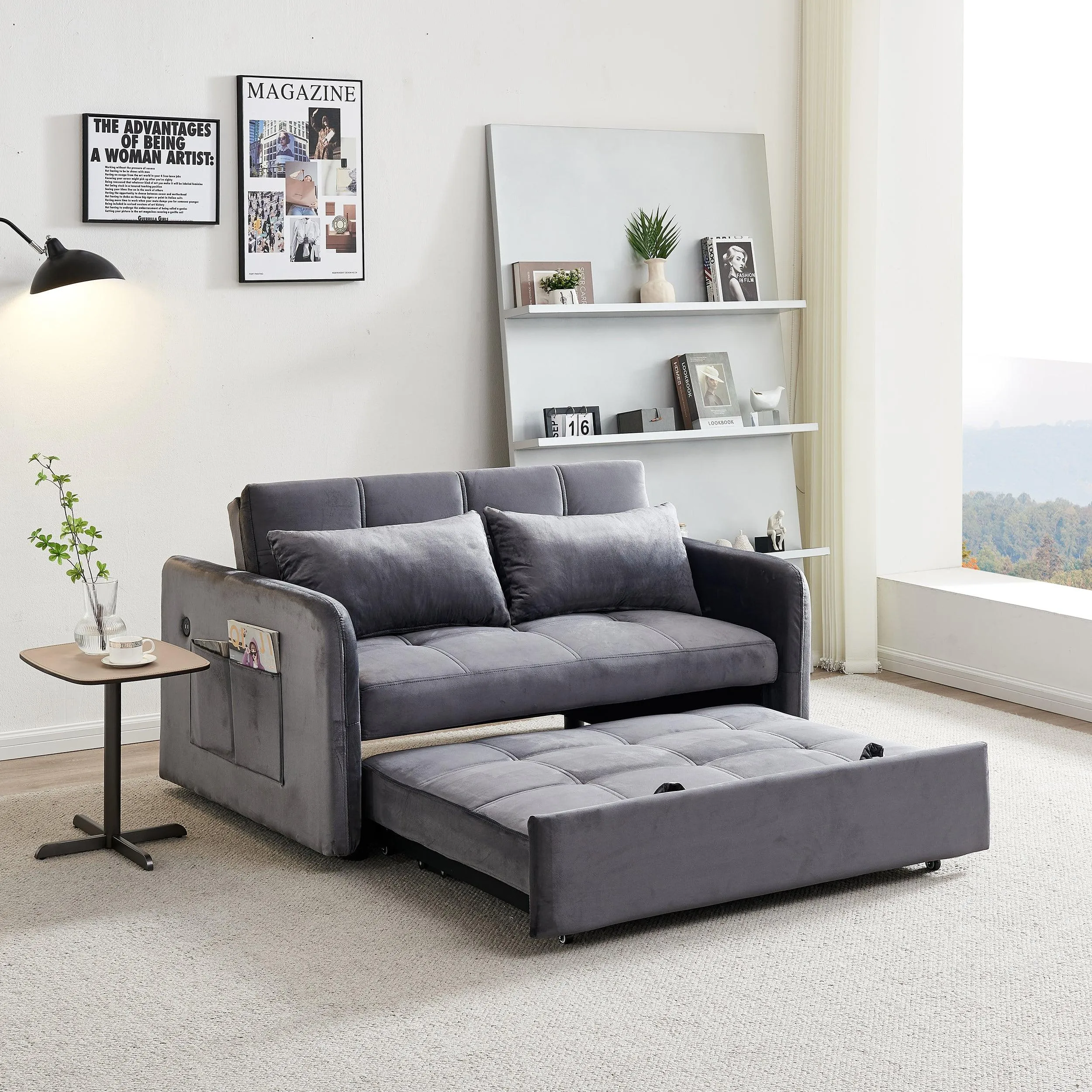 Twin Sofa Bed, 55.5" Tufted Pull Out, Grey Velvet