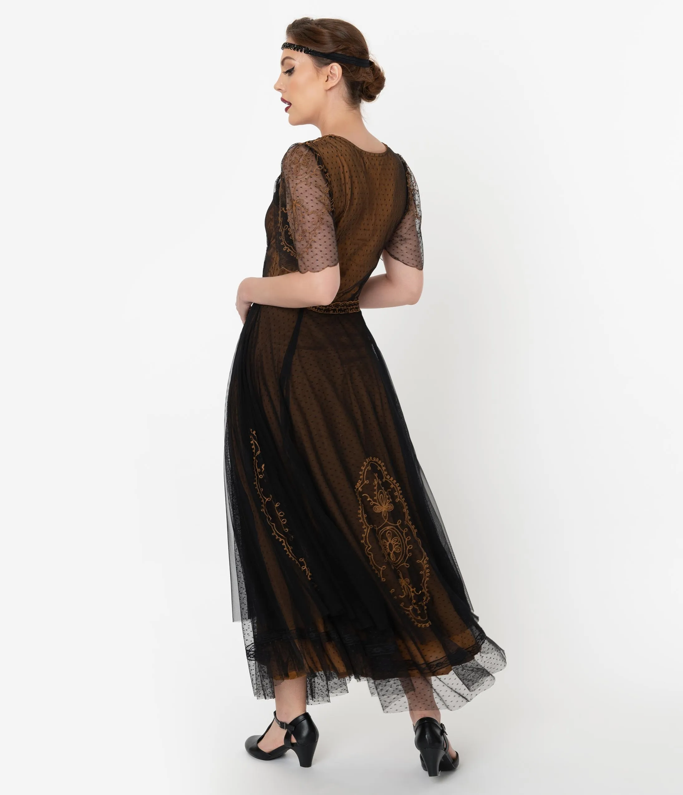Vintage Style Black & Gold Embroidered Mesh Edwardian Gown