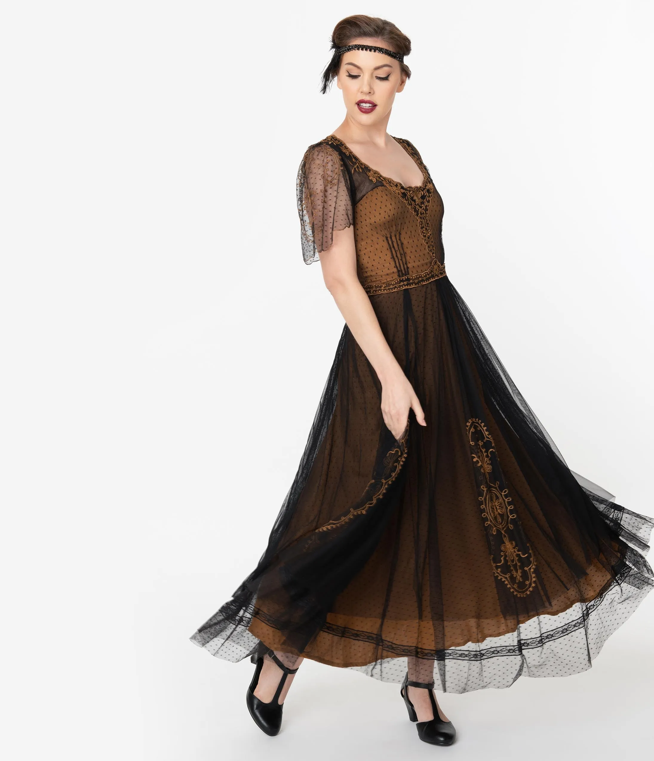 Vintage Style Black & Gold Embroidered Mesh Edwardian Gown