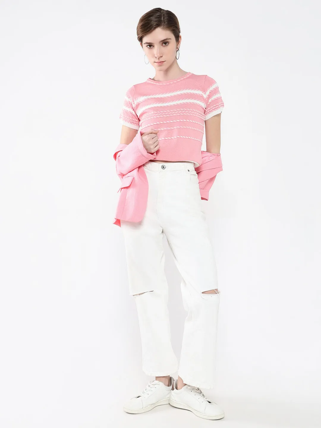 Women Striped Pink Top